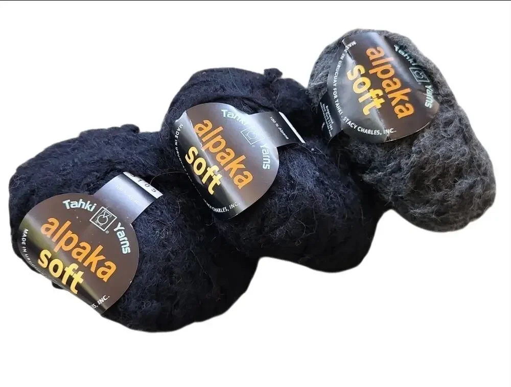 Tahki Alpaka Soft 100% Alpaca Yarn Lot 2 Black 1 Gray Skeins Fuzzy Bulky